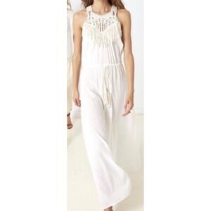 Ulla Johnson White Macrame Crochet Fringe Wide Leg Jumpsuit Boho Sleeveless 0